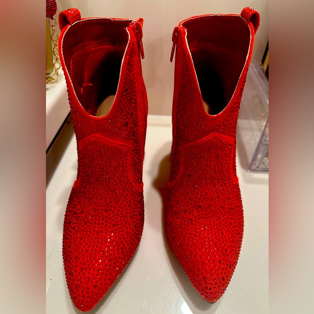 Pierre Dumas Women's Red Rhinestone Calf Boots Size 7